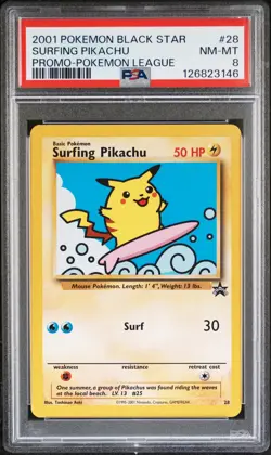 2001 POKEMON PROMO BLACK STAR POKEMON LEAGUE #28 SURFING PIKACHU PSA 8 - Image 1