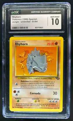 1999 Pokemon Jungle Unlimited Spanish Rhyhorn 61/64 CGC 10 - Image 1