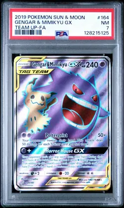 2019 POKEMON SUN & MOON TEAM UP #164 GENGAR & MIMIKYU GX TEAM UP-FA PSA 7 - Image 1