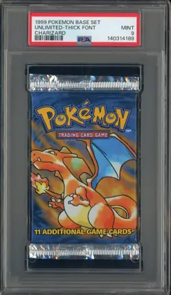 1999 Pokemon Base Set Unlimited Thick Font Charizard Art Foil Booster Pack PSA 9 - Image 1