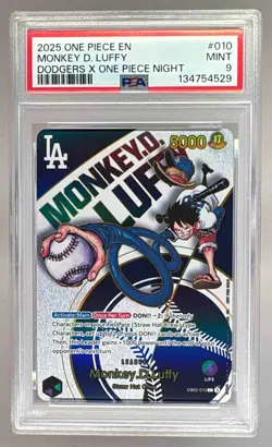 134754529 Monkey D. Luffy 2025 One Piece Dodgers Night Promo EB02-010 PSA 9 - Image 1