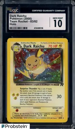 2000 Pokemon Team Rocket #83 Dark Raichu Holo CGC 10 GEM MINT - Image 1