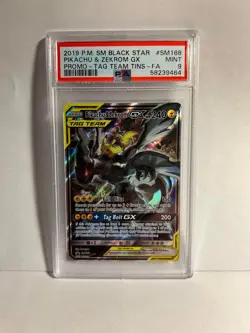 2019 POKEMON TAG TEAM TINS PROMO PIKACHU & ZEKROM GX SM168 Full Art PSA 9 MINT - Image 1