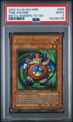 2002 YU-GI-OH! MRD-METAL RAIDERS 1ST EDITION #065 TIME WIZARD PSA 2 - Image 1