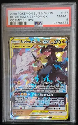 2019 POKEMON SUN & MOON COSMIC ECLIPSE #157 RESHIRAM & ZEKROM GX PSA 8 - Image 1
