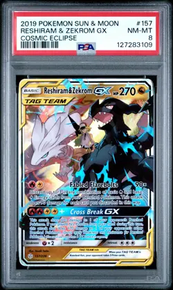 2019 POKEMON SUN & MOON COSMIC ECLIPSE #157 RESHIRAM & ZEKROM GX PSA 8 - Image 1