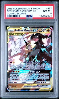 2019 POKEMON SUN & MOON COSMIC ECLIPSE #157 RESHIRAM & ZEKROM GX PSA 8 - Image 1