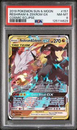 2019 POKEMON SUN & MOON COSMIC ECLIPSE #157 RESHIRAM & ZEKROM GX PSA 8 - Image 1