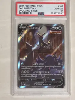 Pokemon Evolving Skies Ultra Rare PSA 10 Gem Mint Umbreon v Full Art 188/203 - Image 1