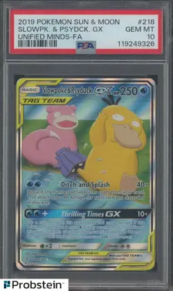 2019 POKEMON SUN & MOON #218 SLOWPOKE & PSYDUCK GX UNIFIED MINDS FA PSA 10 - Image 1