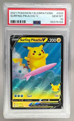 8194 Surfing Pikachu V 2021 Pokemon Sword & Shield Celebrations #008 PSA 10 - Image 1