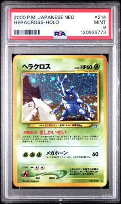 2000 Pokemon P.M. Japanese Neo Genesis HERACROSS Holo Foil #214 PSA 9 Mint Swirl - Image 1