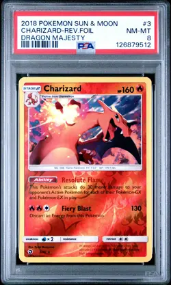 2018 POKEMON SUN & MOON DRAGON MAJESTY #3 CHARIZARD-REVERSE FOIL PSA 8 - Image 1