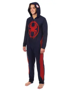 Marvel Spider-Man Miles Morales Union Suit Adult One Piece Hooded Pajamas - Image 1