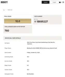 One Piece Japanese OP05 Monkey.D.Luffy Oda Signature ST01-012 BGS 10 Prestine - Image 3