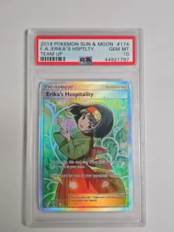 2019 Pokemon TCG Sun & Moon Team Up #174 Erika's Hospitality Full Art (PSA 10) - Image 1