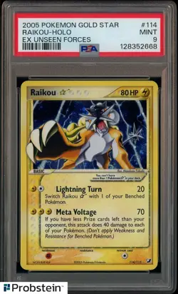 PSA 9 RAIKOU GOLD STAR HOLO EX UNSEEN FORCES 2005 POKEMON #114 MINT - Image 1