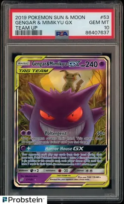 2019 POKEMON TCG SUN & MOON TEAM UP #53 GENGAR & MIMIKYU GX PSA 10 GEM MINT - Image 1