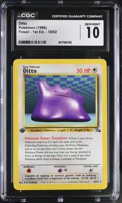 CGC 10 GEM MINT Ditto 1999 Fossil 1st Edition 18/62 Pokemon Card - Image 1