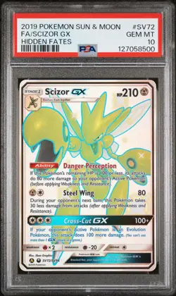 2019 POKEMON SUN & MOON HIDDEN FATES #SV72 FULL ART/SCIZOR GX PSA 10 - Image 1