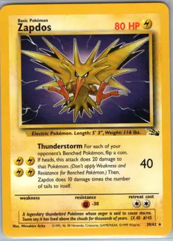 Zapdos 30/62 Non Holo Fossil - Pokemon Card - NM - Image 1