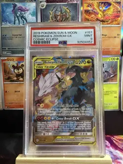 2019 Pokemon Sun & Moon Cosmic Eclipse Reshiram & Zekrom GX 157/236 PSA 9 Mint - Image 1