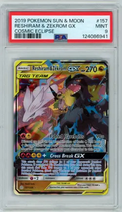 2019 Pokemon Sun & Moon Cosmic Eclipse Reshiram & Zekrom GX 157/236 PSA 9 Mint - Image 1