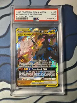 2019 Pokemon Sun & Moon Cosmic Eclipse Reshiram & Zekrom GX 157/236 PSA 9 Mint - Image 1