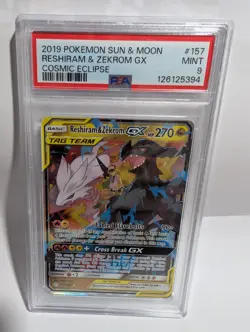 2019 Pokemon Sun & Moon Cosmic Eclipse Reshiram & Zekrom GX 157/236 PSA 9 Mint - Image 2