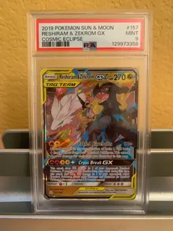 2019 Pokemon Sun & Moon Cosmic Eclipse Reshiram & Zekrom GX 157/236 PSA 9 Mint - Image 1