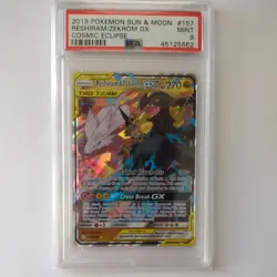 2019 Pokemon Sun & Moon Cosmic Eclipse Reshiram & Zekrom GX 157/236 PSA 9 Mint - Image 1