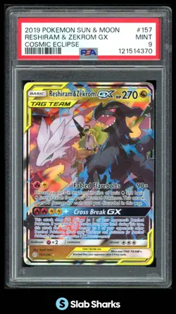 2019 POKEMON SM COSMIC ECLIPSE #157/236 RESHIRAM ZEKROM TAG TEAM GX PSA 9 - Image 1