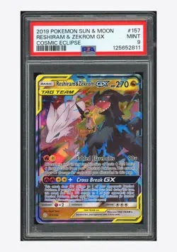 Pokemon PSA 9 Reshiram & Zekrom GX Ultra Rare 2019 157/236 Cosmic Eclipse ENG - Image 1