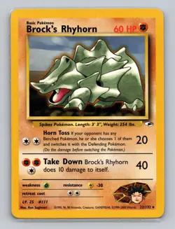 Brock's Rhyhorn 22/132 Uncommon Pokemon TCG WOTC Gym Heroes Light Play - Image 1