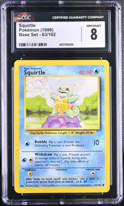SQUIRTLE 63/102 POKEMON 1999 BASE SET CGC 8 NM/MINT - Image 1