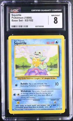 SQUIRTLE 63/102 POKEMON 1999 BASE SET CGC 8 NM/MINT - Image 1