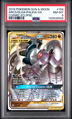2019 POKEMON SUN & MOON COSMIC ECLIPSE #156 ARCEUS & DIALGA & PALKIA GX PSA 8 - Image 1