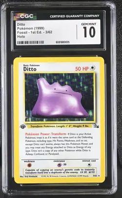 CGC 10 GEM MINT Ditto 1999 Fossil 1st Edition 3/62 Holo Pokemon Card - Image 1