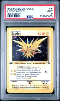 1999 POKEMON FOSSIL 1ST ED #15 ZAPDOS-HOLO PSA 9 - Image 1