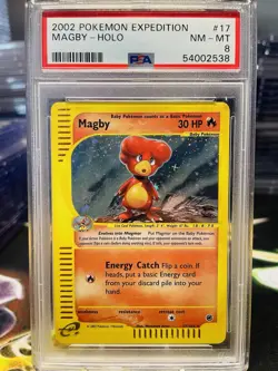 PSA 8 Magby 17/165 2002 Expedition Holo Rare Pokemon Card (Crack) - Image 1