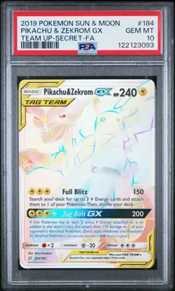 2019 POKEMON SUN & MOON TEAM UP SECRET #184 FULL ART/PIKACHU & ZEKROM GX PSA 10 - Image 1