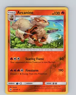 Pokemon TCG Arcanine Sun & Moon Base Set 22/149 Reverse Holo Rare Card LP-NM - Image 1