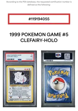 1999 Pokemon Game Clefairy-Holo #5 PSA 7, Free Shipping - Image 3