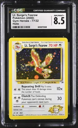 CGC 8.5 Lt. Surge's Fearow 7/132 Gym Heroes Holo Rare Pokemon Card SWIRL - Image 1