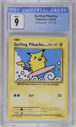 2016 Pokemon XY Evolutions 111/108 Secret Rare Surfing Pikachu CGC 9 Mint - Image 1