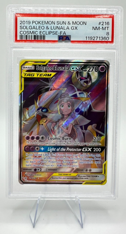 2019 Pokemon Sun & Moon Cosmic Eclipse Solgaleo & Lunala GX #216 | PSA 8 NM-MT - Image 1