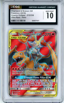 CGC GEM MINT 10 Charizard & Braixen GX (Full Art) 212/236 Sm-Cosmic Eclipse Holo - Image 1