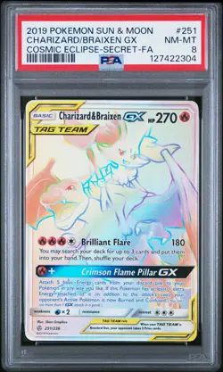 2019 POKEMON SUN & MOON COSMIC ECLIPSE FULL ART/CHARIZARD & BRAIXEN GX PSA 8 - Image 1