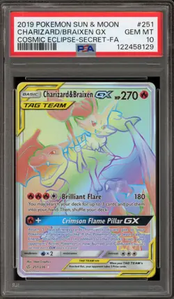 Pokemon Charizard & Braixen GX Cosmic Eclipse Secret Rare Full Art #251 PSA 10 - Image 1