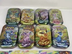 Full Set 8 EMPTY Pokemon PRISMATIC EVOLUTIONS Mini Tins & Eevee Coins NO PACKS - Image 2